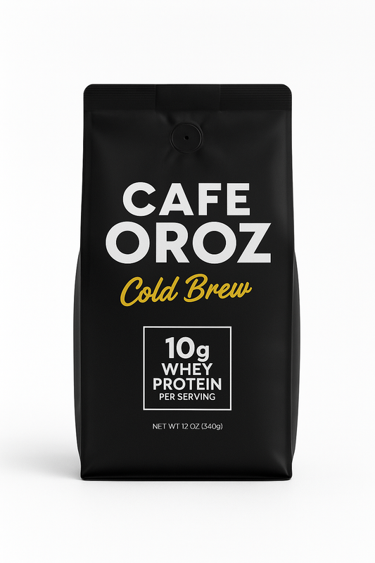 Black coffee bag with 'Cafe Oroz Cold Brew' branding and protein information on a white background
