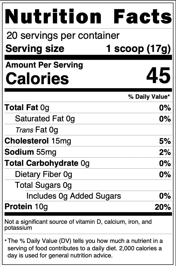 Nutrition facts label for a product with serving size, calories, and nutritional content details.